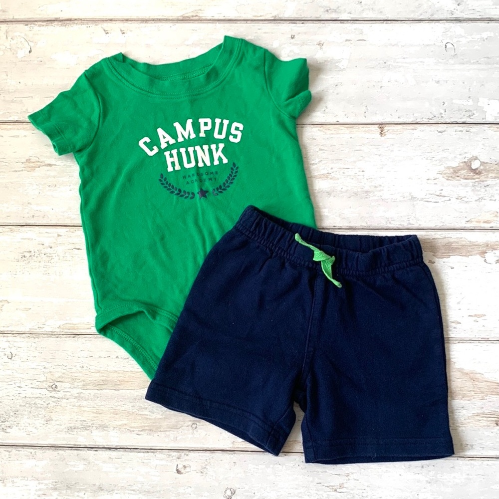 Carter’s 12m Baby Boy Outfit Set Campus Hunk Green Onesie Bodysuit Navy Shorts
